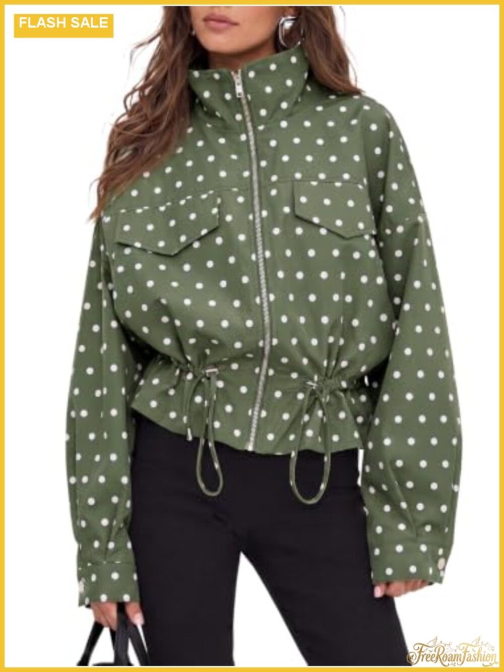 Womens Zip Up Polka Dot Casual Jacket Retro Stand Collar Long Sleeve Oversized